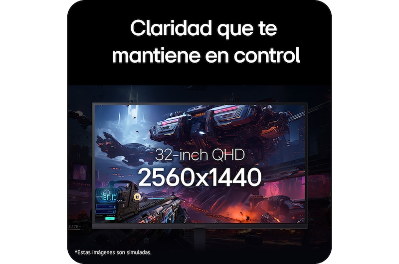 Primer plano del monitor gaming LG UltraGear de 32 pulgadas, mostrando una escena de un videojuego de ciencia ficción y destacando su resolución QHD de 2560×1440 en formato 16:9.