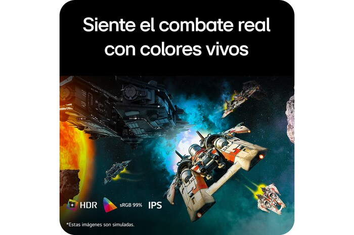 Escena de batalla futurista mostrada en un monitor gaming, que exhibe colores vívidos con una gama cromática sRGB del 99%, tecnología IPS y certificación DisplayHDR.