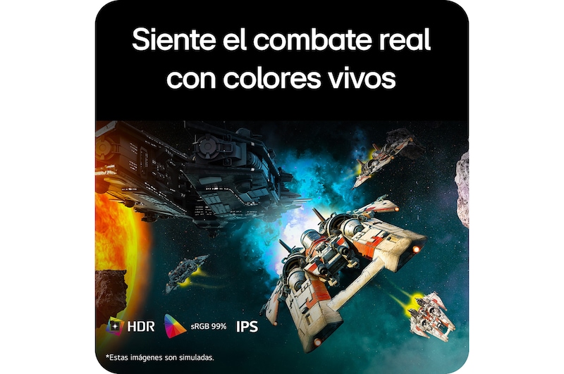 Escena de batalla futurista mostrada en un monitor gaming, que exhibe colores vívidos con una gama cromática sRGB del 99%, tecnología IPS y certificación DisplayHDR.
