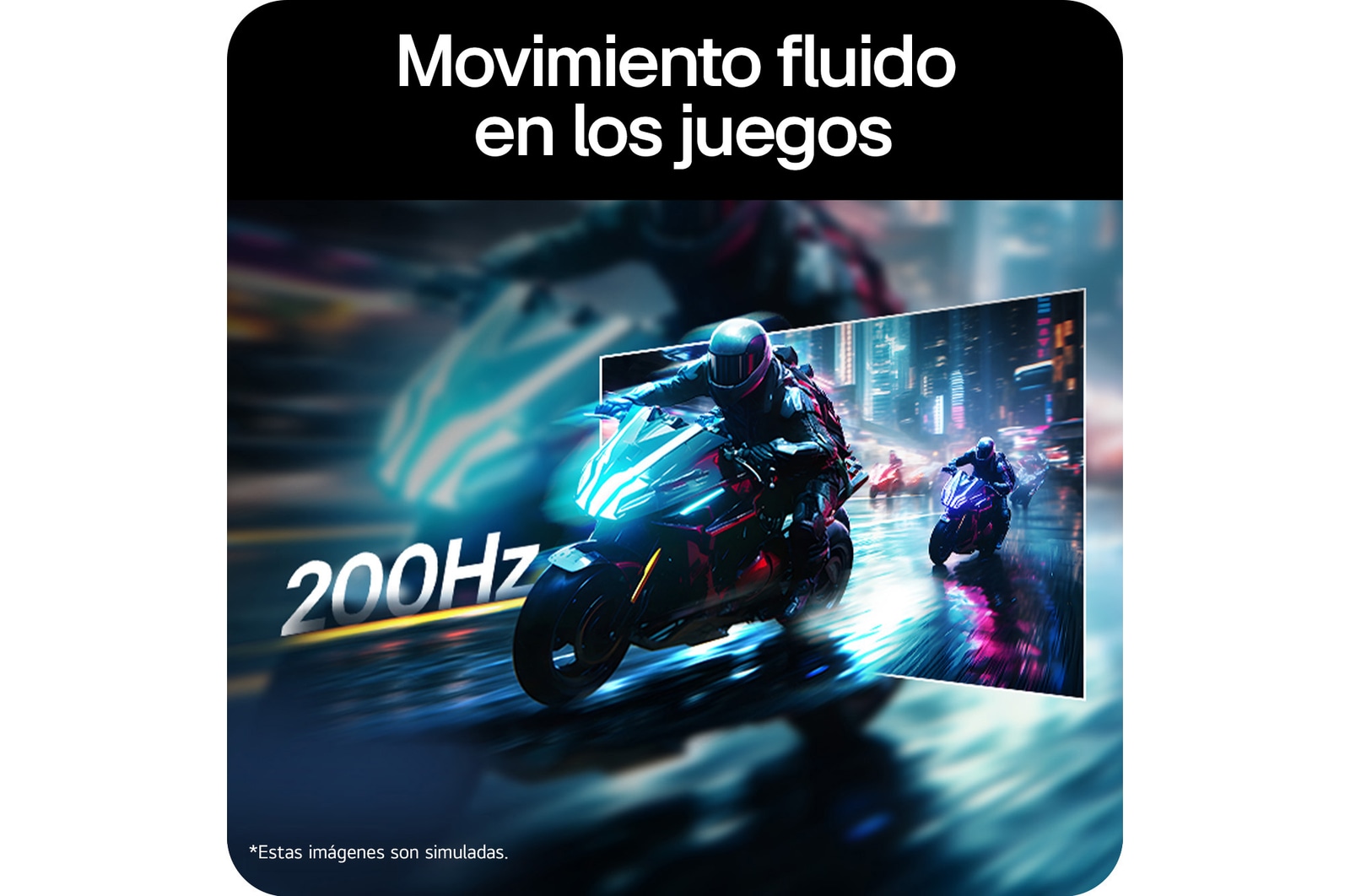 Escena de una carrera de motocicletas mostrada en un monitor gaming, ilustrando una frecuencia de actualización de 200 Hz para un movimiento fluido en el juego.