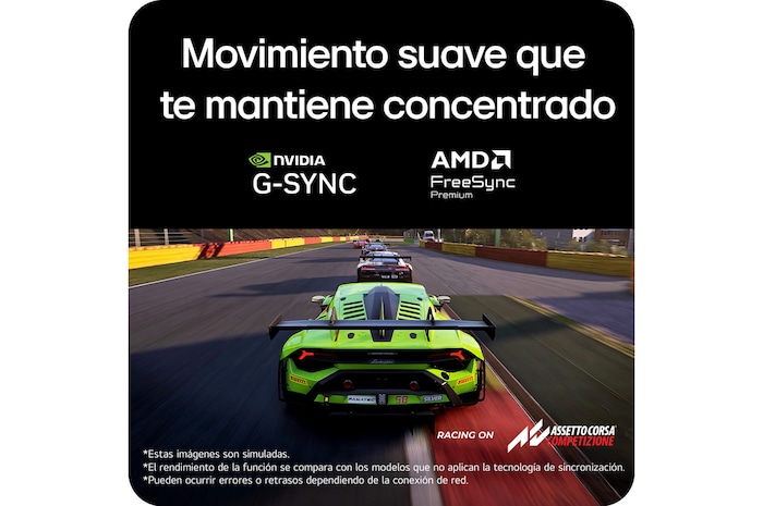 Escena de carreras de Assetto Corsa Competizione mostrada en un monitor gaming, con soporte para Adaptive Sync (NVIDIA G-SYNC y AMD FreeSync Premium) para una experiencia de juego fluida y sin desgarros de imagen.