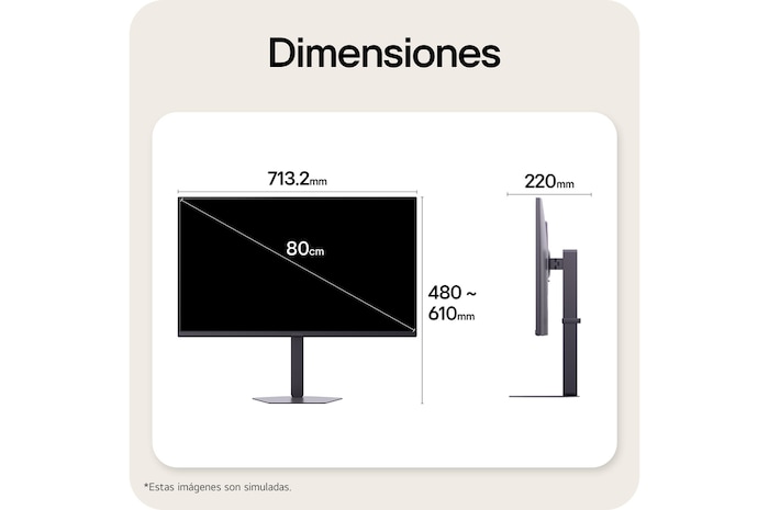 Vistas frontal y lateral de un monitor gaming, que ilustran sus dimensiones generales y el diseño de su perfil.