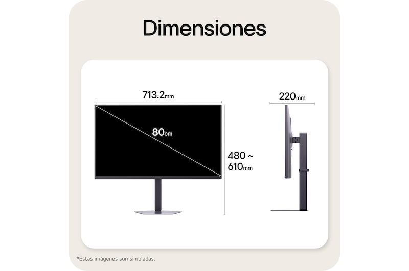Vistas frontal y lateral de un monitor gaming, que ilustran sus dimensiones generales y el diseño de su perfil.
