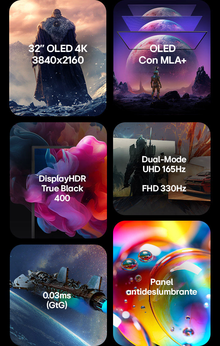 Un gráfico promocional compuesto para la tecnología OLED de LG que incluye cinco secciones: 'El OLED más brillante de LG' con un gráfico de haz RGB, 'Experiencia visual perfecta' con un personaje astronauta e íconos de certificación, una escena de juego dividida etiquetada 'QHD 540Hz – HD 720Hz Modo Dual', un panel con un degradado púrpura-azul que muestra 'VESA DisplayHDR True Black 500', y una explosión de partículas colorida con el texto 'DCI-P3 99.5%'