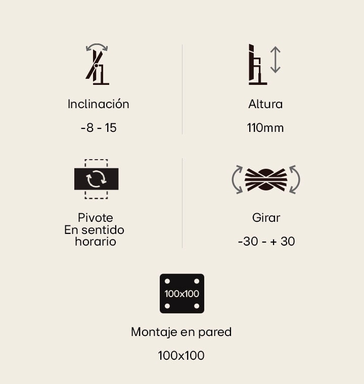 Icons for Tilt, Height, Pivot, Swivel, and wall mount.