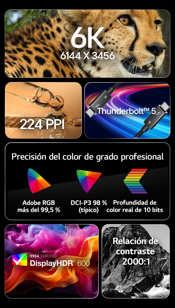 6 imágenes diferentes con texto que describen las características principales de UltraFine.