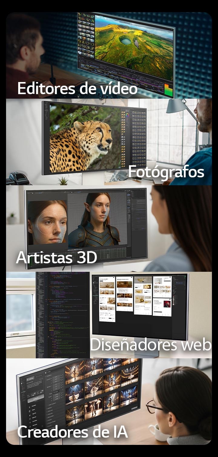 5 imágenes que muestran a varios trabajadores creativos trabajando en monitores UltraFine con diversas herramientas.