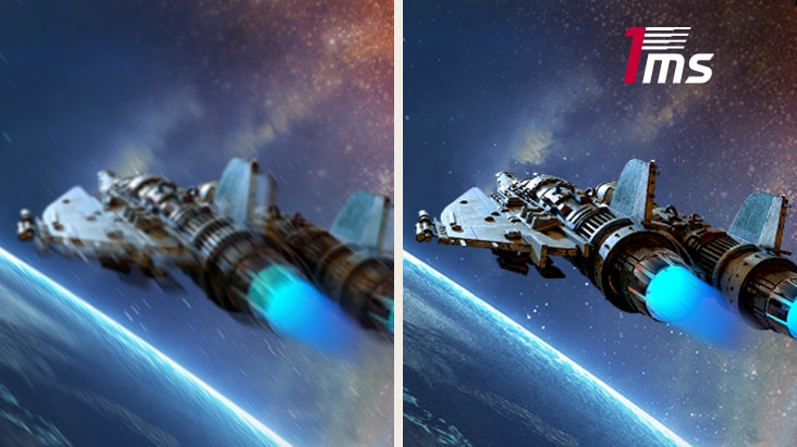 Comparison of a spaceship in outer space, with the left side blurred and the right side sharp and clear, demonstrating 1ms response time.