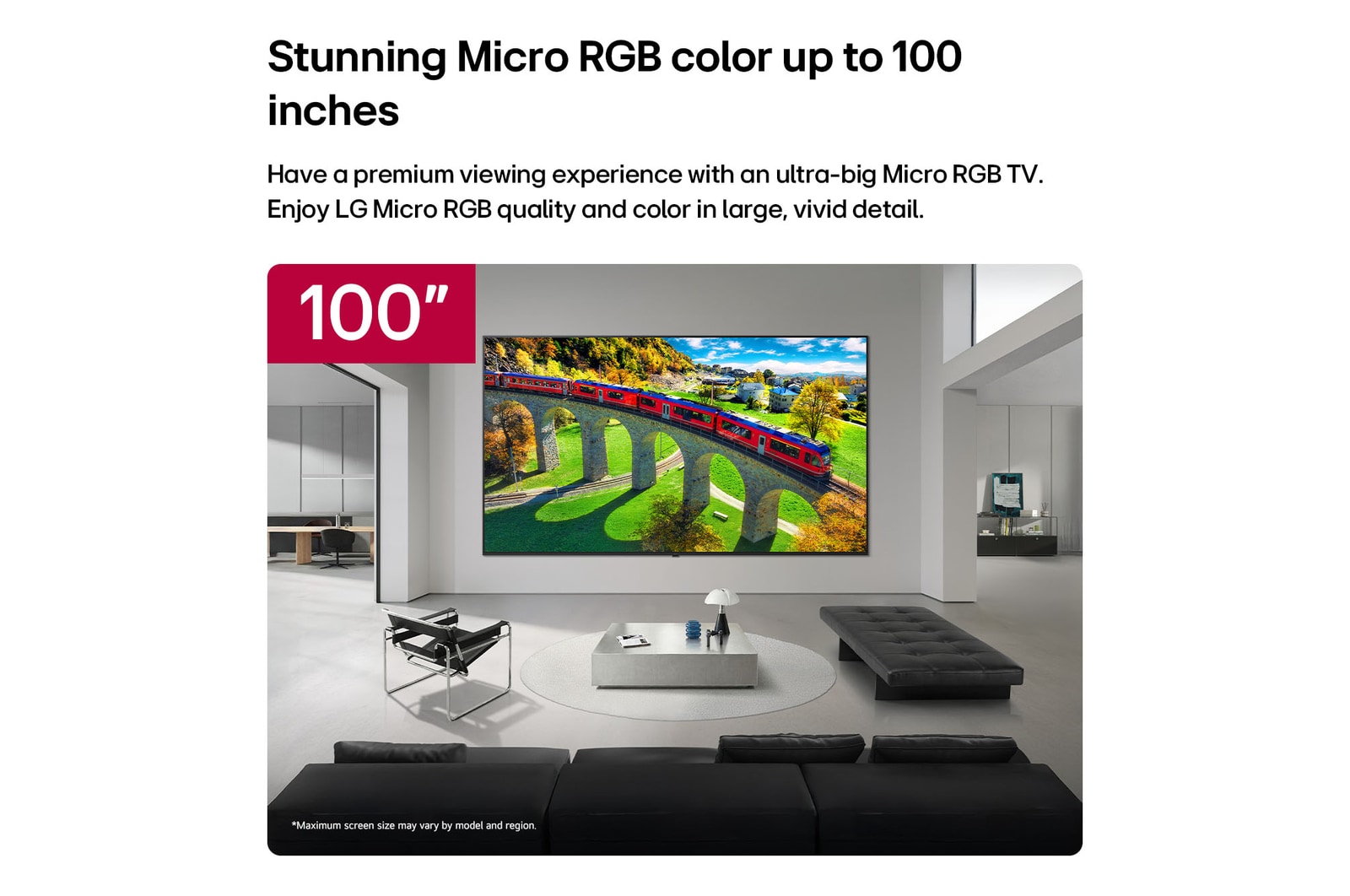 LG Micro RGB evo AI MRGB95, offering up to 100 inches, is wall-mounted in a spacious modern living room. Displaying a vivid, colorful landscape that highlights rich color and fine detail, elevating the interior to a new level. 
