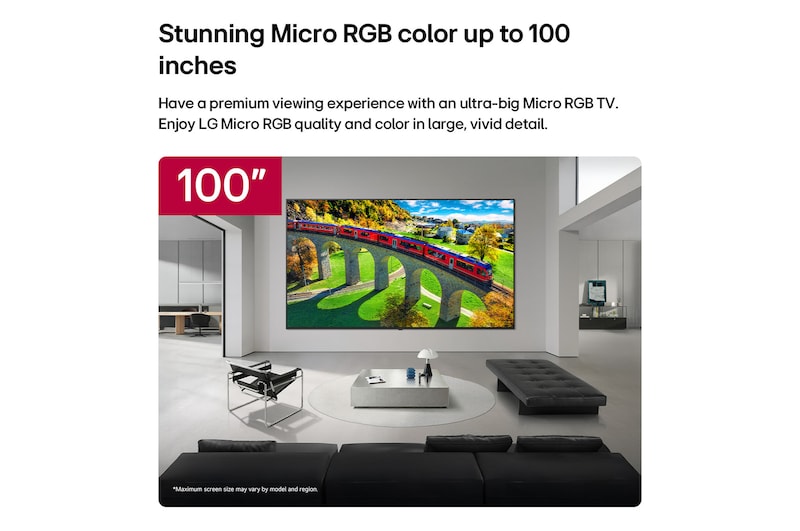 LG Micro RGB evo AI MRGB95, offering up to 100 inches, is wall-mounted in a spacious modern living room. Displaying a vivid, colorful landscape that highlights rich color and fine detail, elevating the interior to a new level. 