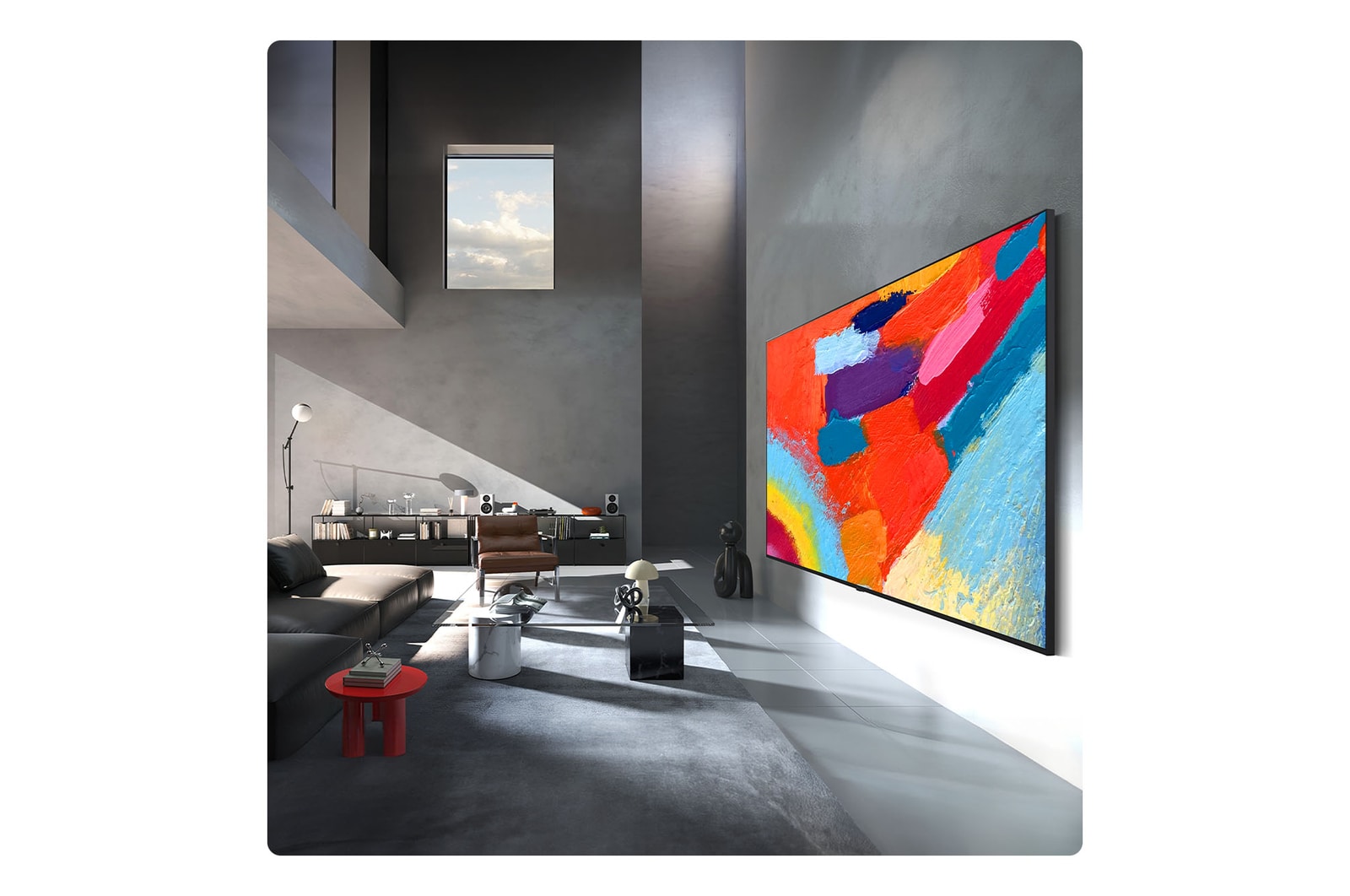 LG Micro RGB evo AI MRGB95 is seamlessly wall-mounted in a spacious black-toned room, displaying bold artwork in vivid colors that harmonize with the surrounding interior. 