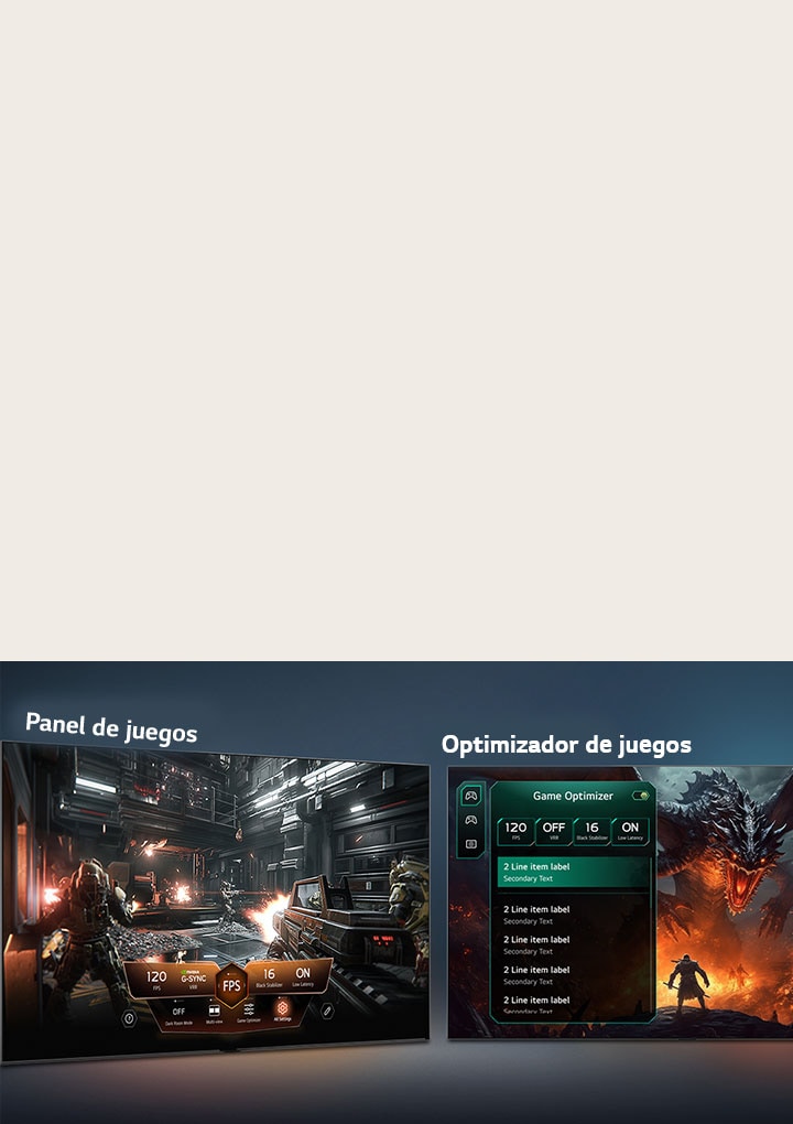 LG Mini RGB evo AI MRGB85, con Game Dashboard y Optimizer, muestra pantallas de juego una al lado de la otra y un menú en pantalla para ajustar en tiempo real configuraciones de juego como la frecuencia de actualización, la latencia y los modos visuales.