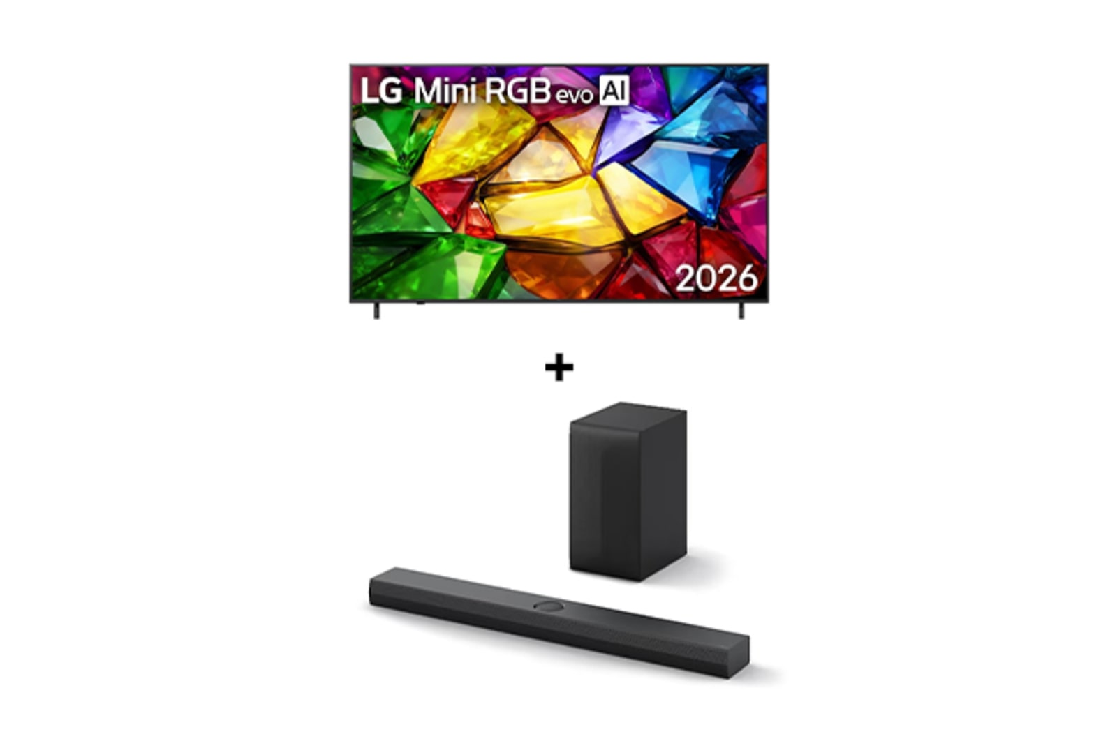 Vista frontal de 86 " LG Mini RGB evo AI MRGB85 4K Smart TV 2026 + Barra de Sonido LG S70TY | 400W | 3.1.1 ch | Dolby Atmos 86MR85S70T