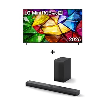 Vista frontal de 86 " LG Mini RGB evo AI MRGB85 4K Smart TV 2026 + Barra de Sonido LG S70TY | 400W | 3.1.1 ch | Dolby Atmos 86MR85S70T
