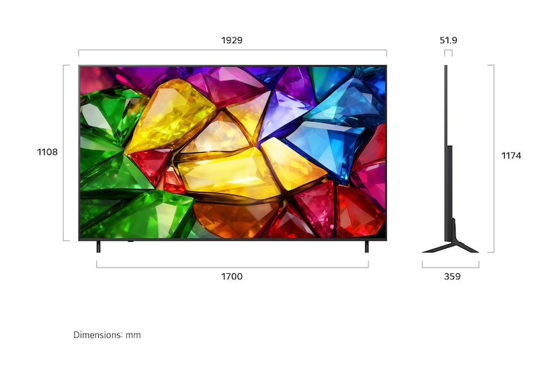 LG Mini RGB evo AI MRGB85 shown in front and side views highlights a 75-inch display with a 1677 mm-wide screen, a 966 mm screen height, a 1032 mm height with stand, a 51.6 mm depth, and a stand footprint measuring 1499 by 359 mm.