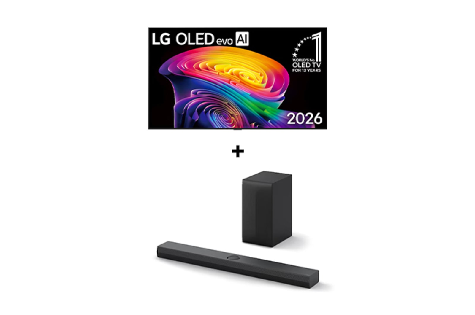 Vista frontal de 83" LG OLED evo AI C6 4K Smart TV 2026 + Barra de Sonido LG S70TY | 400W | 3.1.1 ch | Dolby Atmos OL83C6S70T