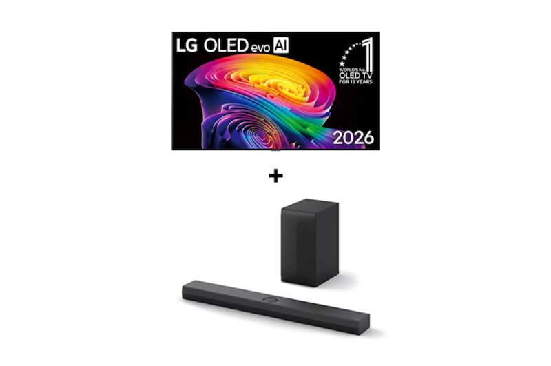 Vista frontal de 83" LG OLED evo AI C6 4K Smart TV 2026 + Barra de Sonido LG S70TY | 400W | 3.1.1 ch | Dolby Atmos OL83C6S70T