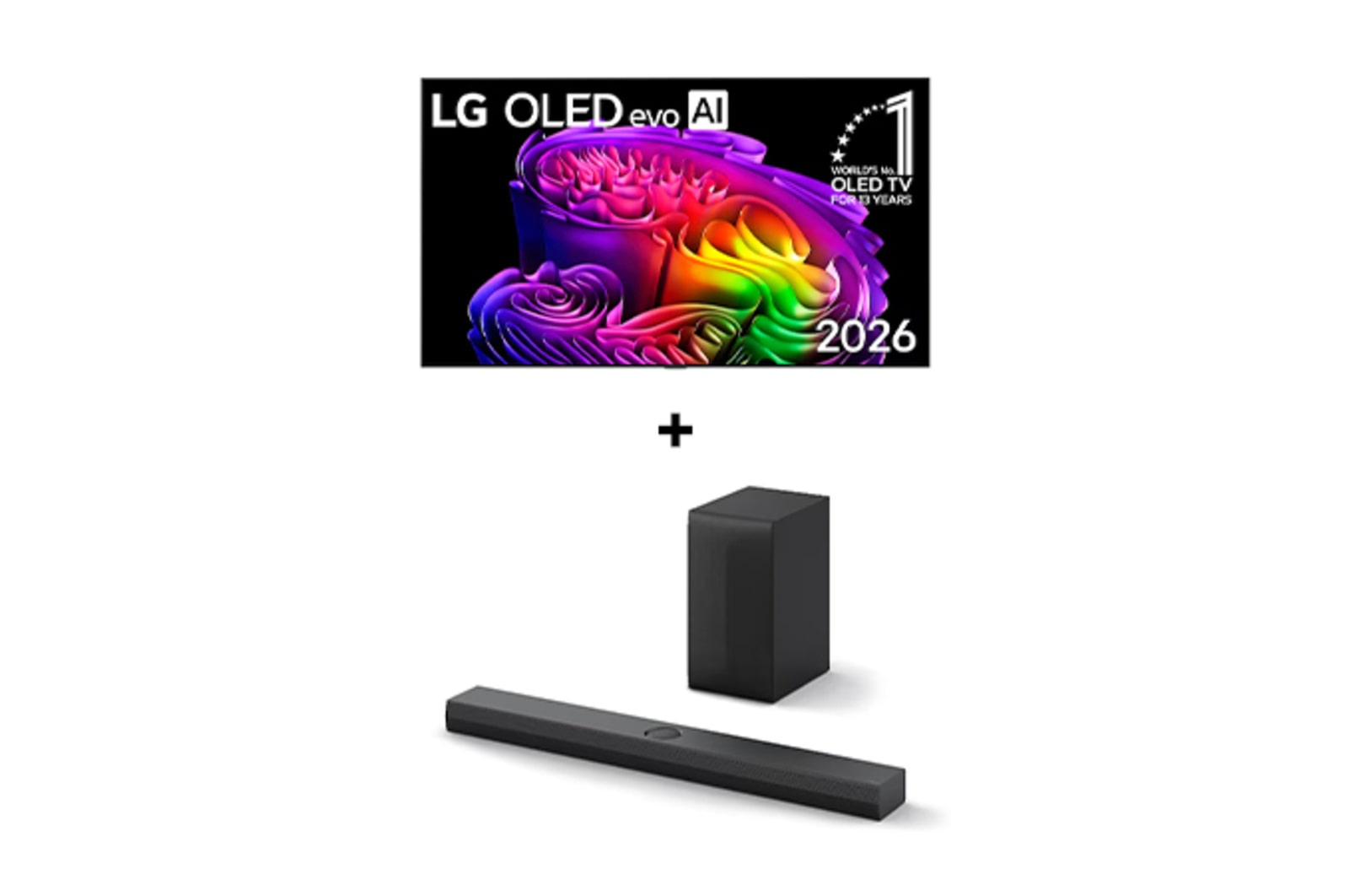 Vista frontal de 97" LG OLED evo AI G6 4K Smart TV 2026 + Barra de Sonido LG S70TY | 400W | 3.1.1 ch | Dolby Atmos OL97G6S70T.ESPR