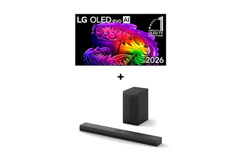Vista frontal de 97" LG OLED evo AI G6 4K Smart TV 2026 + Barra de Sonido LG S70TY | 400W | 3.1.1 ch | Dolby Atmos OL97G6S70T.ESPR