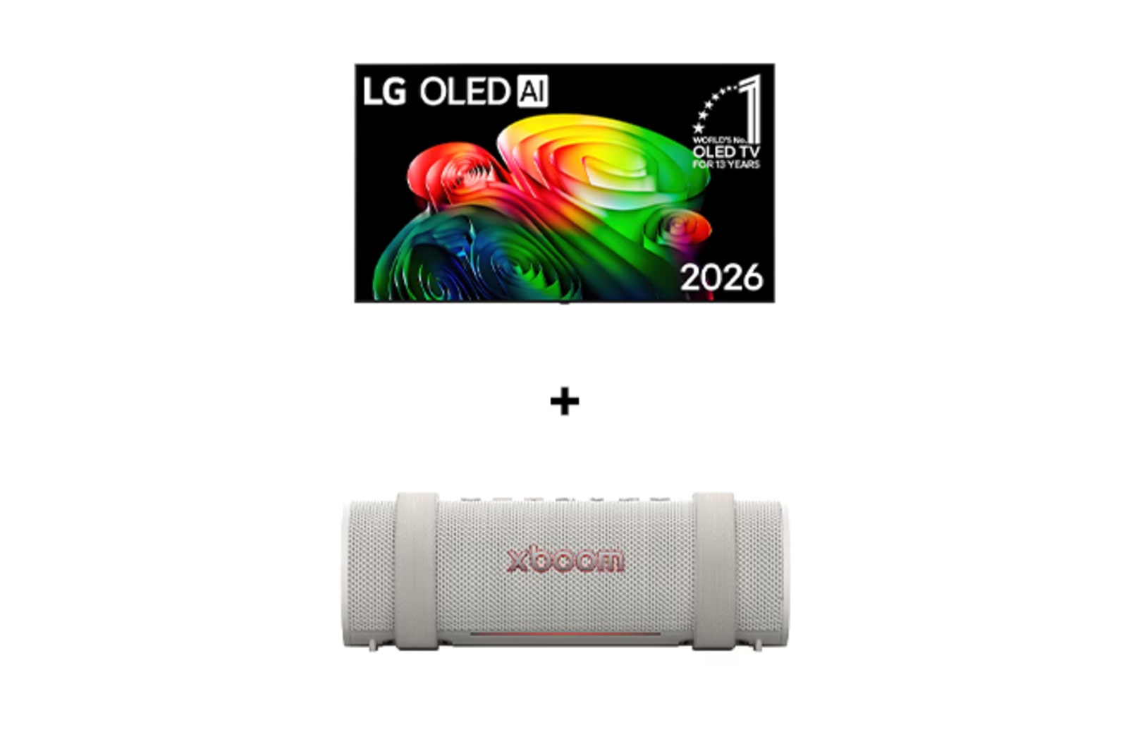 Vista frontal de 55" Smart TV LG OLED AI B6 4K 2026 + LG xboom Grab by will.i.am | Parlantes Bluetooth | Sonido xboom con la máxima portabilidad OL55B6GRAB