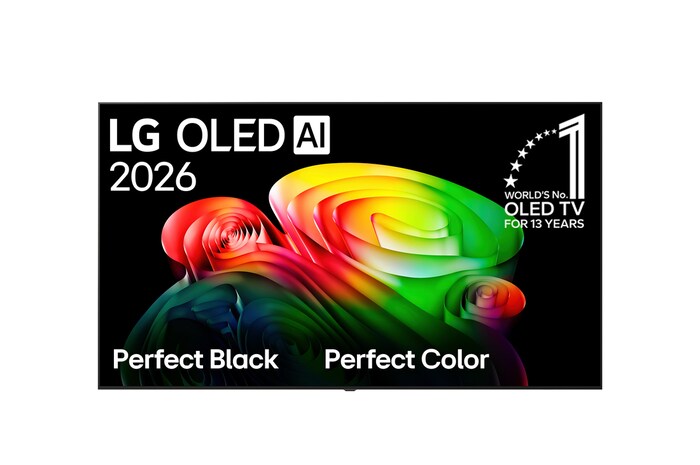 La vista frontal de la LG OLED AI B6, lanzada en 2026, muestra una imagen de formas multicolores en capas, Negro perfecto y Color perfecto, junto con la insignia de la OLED TV número uno del mundo durante 13 años.