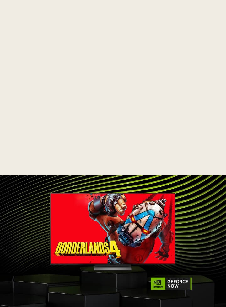 LG OLED AI B6 con NVIDIA GeForce NOW muestra Borderlands 4 en pantalla junto con el logotipo de GeForce NOW, ofreciendo acceso a juegos en la nube directamente desde la interfaz del televisor