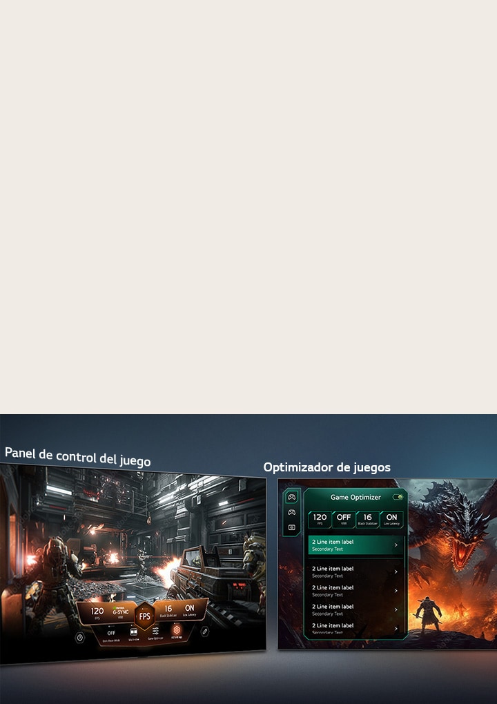 LG OLED AI B6 El televisor muestra pantallas de juego lado a lado y un menú en pantalla para ajustar configuraciones de juego como frecuencia de actualización, latencia y modos visuales en tiempo real.