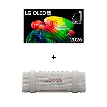 Vista frontal de 77" LG OLED AI B6 4K Smart TV 2026 + LG xboom Grab by will.i.am | Parlantes Bluetooth | Sonido xboom con la máxima portabilidad OL77B6GRAB
