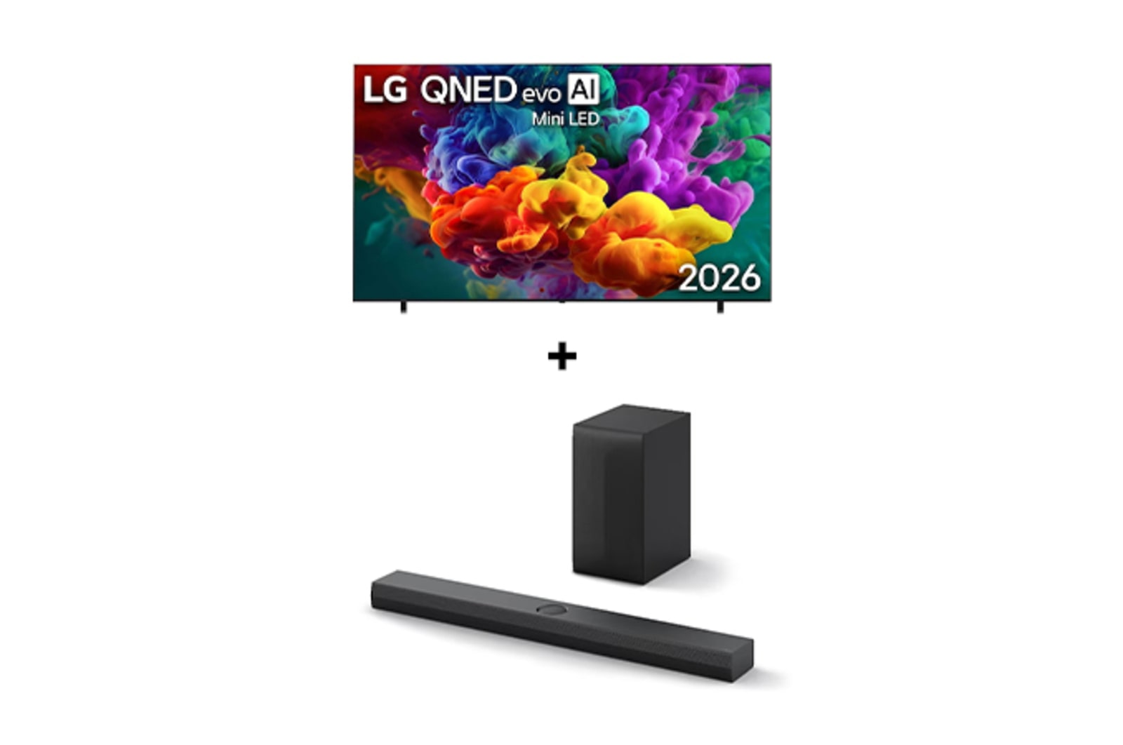Vista frontal de 100" LG QNED evo AI QNED85 Mini LED 4K Smart TV 2026 + Barra de Sonido LG S70TY | 400W | 3.1.1 ch | Dolby Atmos 100QN85BS70