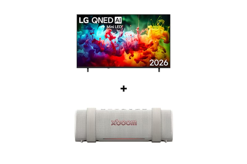 Vista frontal de Smart TV LG QNED evo AI QNED80 Mini LED 4K de 75 pulgadas 2026 + LG xboom Grab by will.i.am | Parlantes Bluetooth | Sonido xboom con la máxima portabilidad 75QN80BGRAB