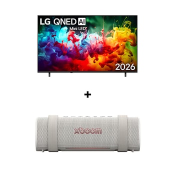 Vista frontal de Smart TV LG QNED evo AI QNED80 Mini LED 4K de 75 pulgadas 2026 + LG xboom Grab by will.i.am | Parlantes Bluetooth | Sonido xboom con la máxima portabilidad 75QN80BGRAB