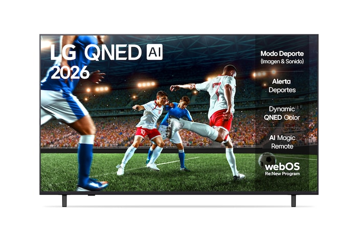 Front view of LG QNED70 TV, LG QNED Al Logo on the top corner. LG QNED TV depicts colorful paintike textures coming together.