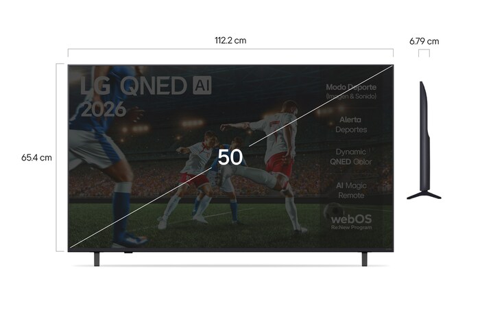 Front view and side view of LG QNED AI QNED70 4K Smart TV showing its length, width, height, and depth dimensions.