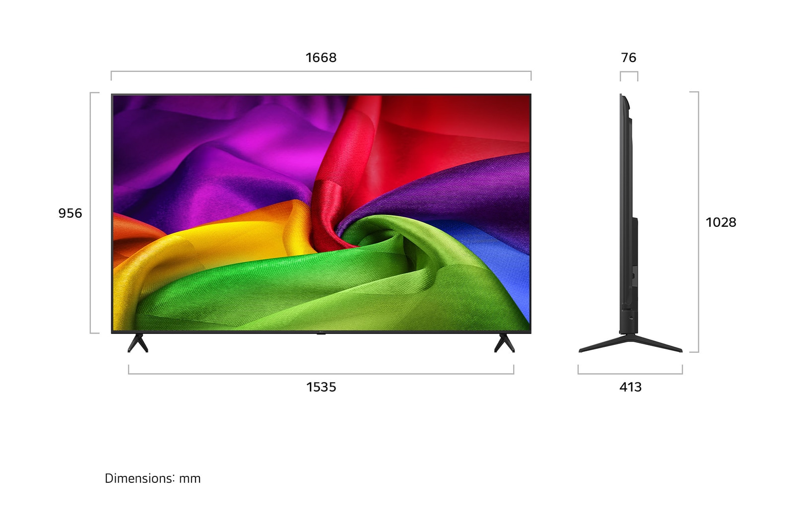 LG NANO 4K UHD AI NU80 shown in front and side views highlights a 75-inch display with a 1668 mm-wide screen, 956 mm screen height, 1028 mm height with stand, a 76 mm profile depth, and a stand footprint measuring 1535 by 413 mm.