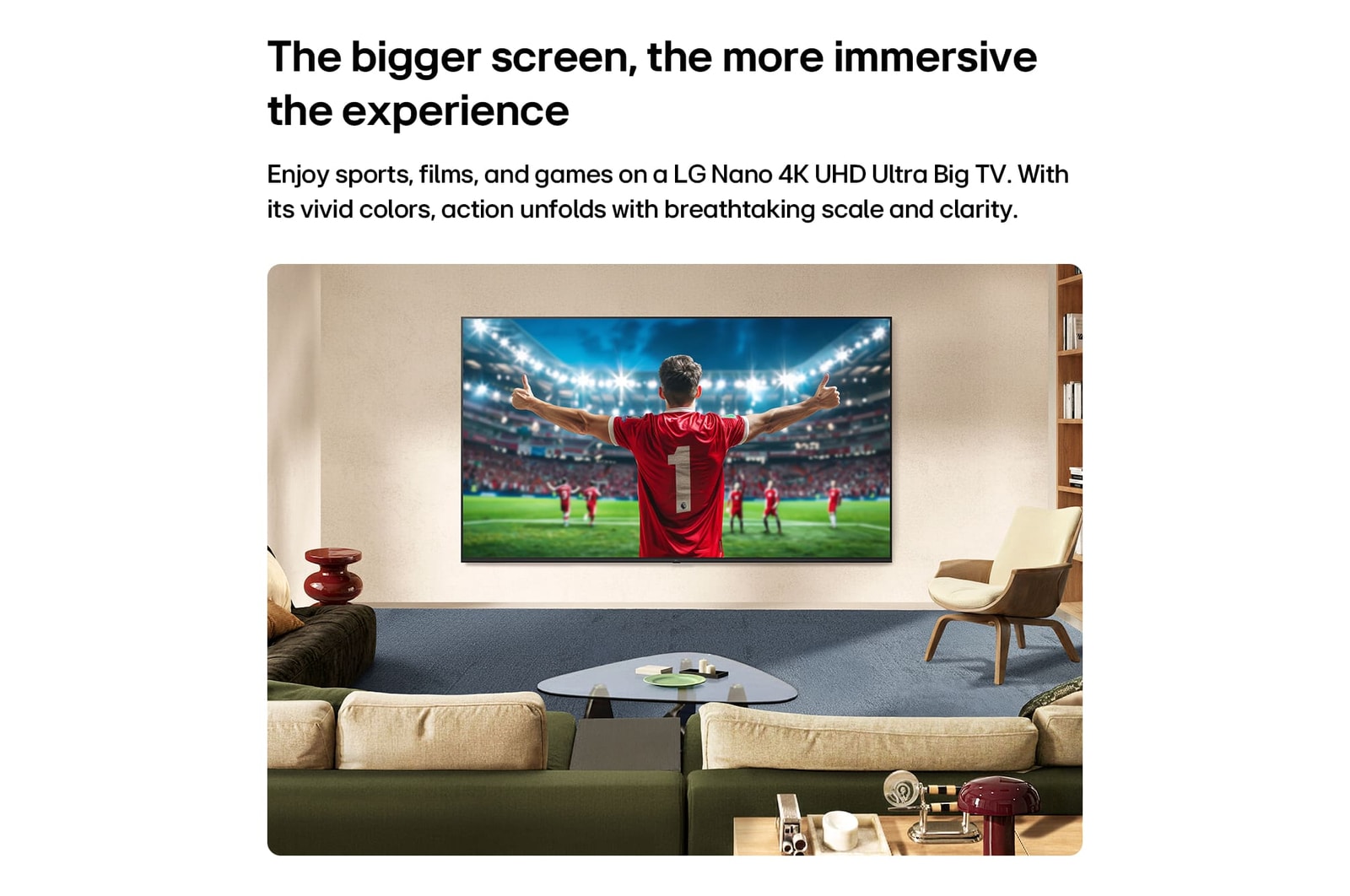 LG NANO 4K UHD AI NU80 Ultra Big TV screen is wall-mounted in a room, displaying a soccer player’s celebration at the center of a stadium under bright arena lights, emphasizing vivid color, clarity, and immersive scale.