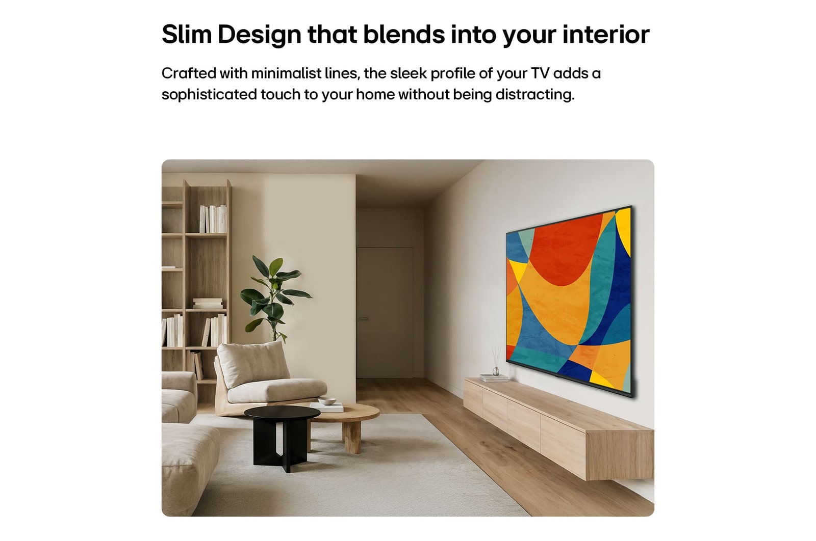 LG NANO 4K UHD AI NU80 with a Slim Design is wall-mounted in a bright, open living space, featuring a sleek profile that blends seamlessly into the interior while displaying vibrant, multicolored abstract shapes across the screen.