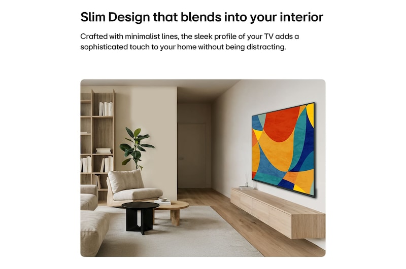 LG NANO 4K UHD AI NU80 with a Slim Design is wall-mounted in a bright, open living space, featuring a sleek profile that blends seamlessly into the interior while displaying vibrant, multicolored abstract shapes across the screen.