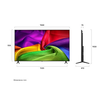 LG NANO 4K UHD AI NU80 shown in front and side views highlights a 75-inch display with a 1668 mm-wide screen, 956 mm screen height, 1028 mm height with stand, a 76 mm profile depth, and a stand footprint measuring 1535 by 413 mm.