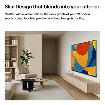 LG NANO 4K UHD AI NU80 with a Slim Design is wall-mounted in a bright, open living space, featuring a sleek profile that blends seamlessly into the interior while displaying vibrant, multicolored abstract shapes across the screen.