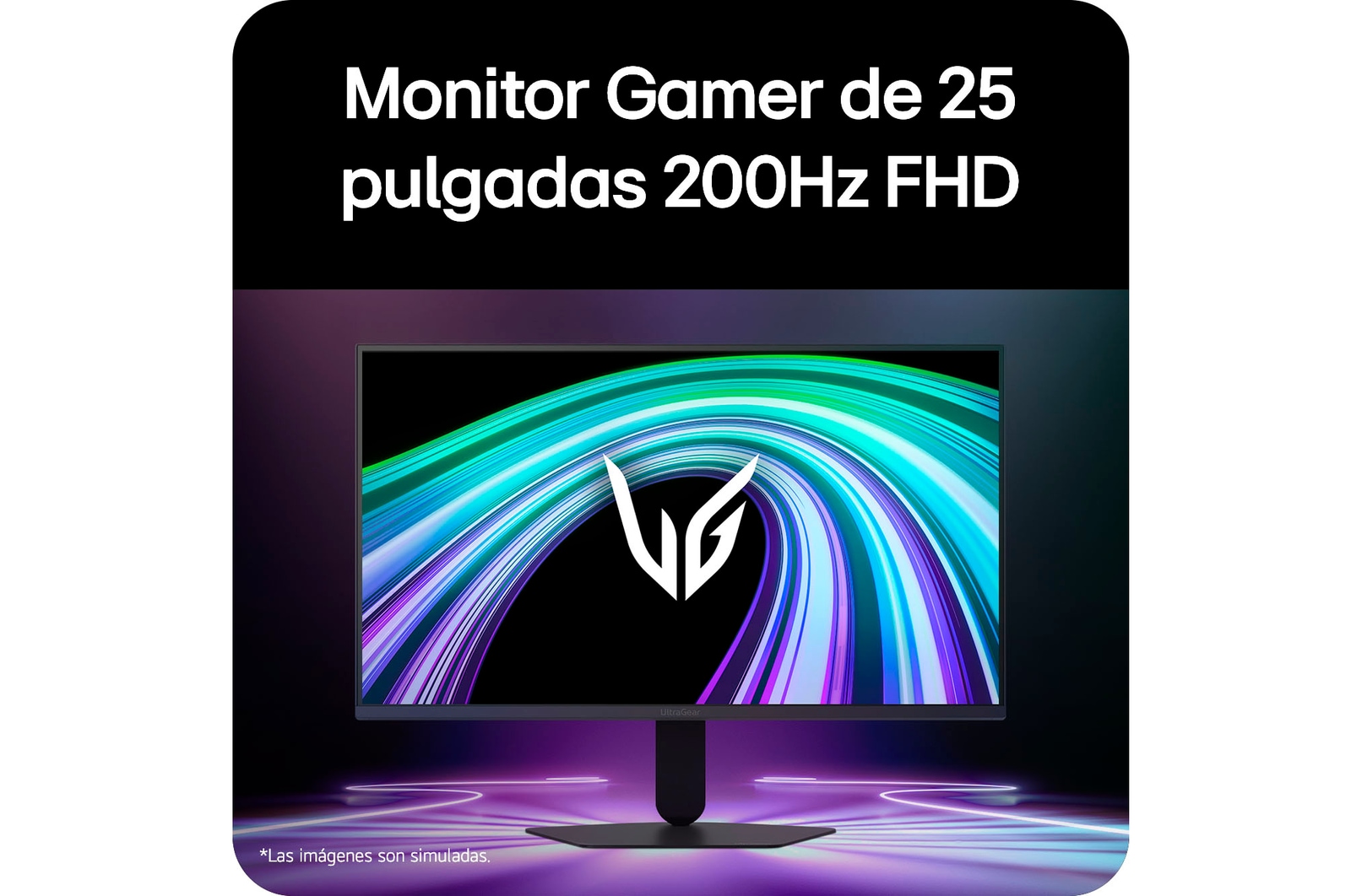 Vista frontal de un monitor gaming exhibido en un entorno futurista de estilo neón.