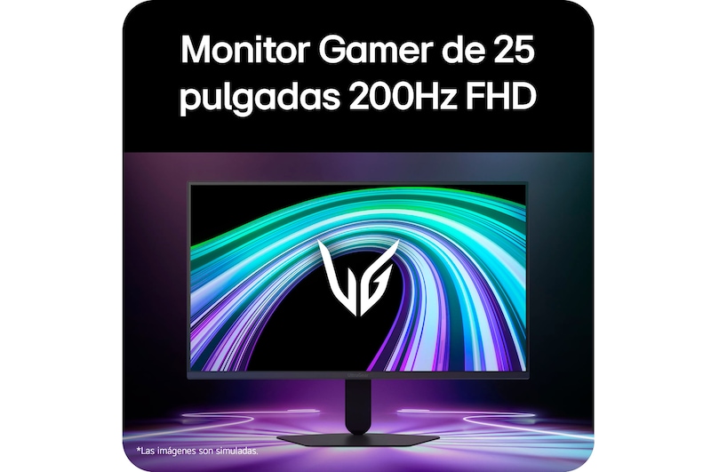Vista frontal de un monitor gaming exhibido en un entorno futurista de estilo neón.