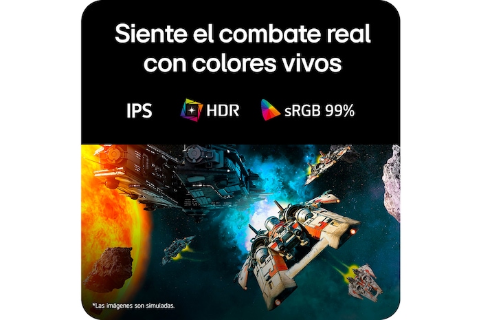 Escena de batalla futurista mostrada en un monitor gaming, exhibiendo colores vívidos con una gama cromática sRGB del 99%, tecnología IPS y certificación HDR.