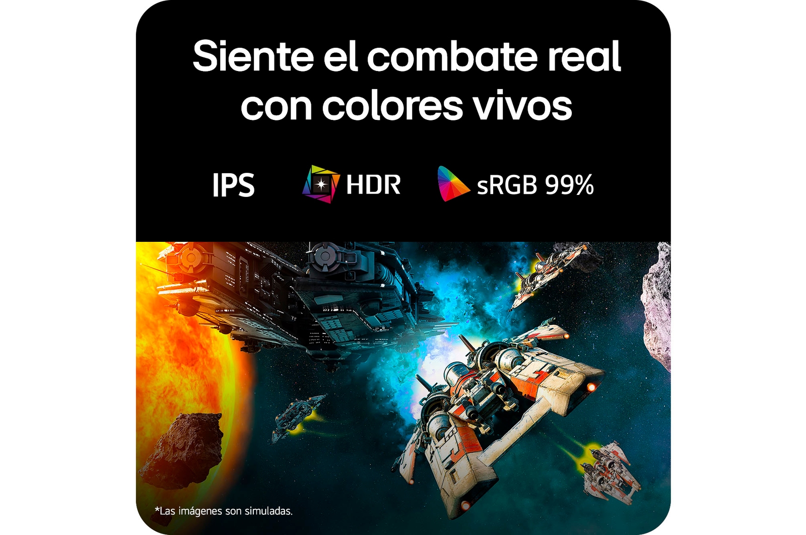 Escena de batalla futurista mostrada en un monitor gaming, exhibiendo colores vívidos con una gama cromática sRGB del 99%, tecnología IPS y certificación HDR.
