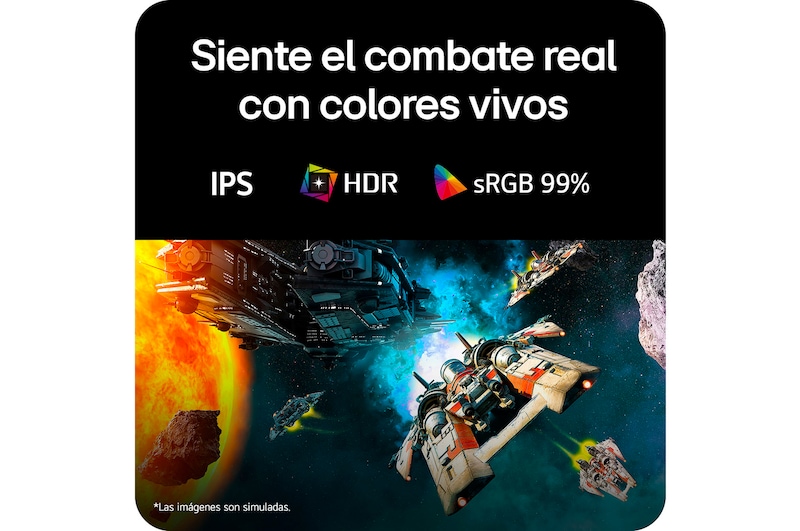 Escena de batalla futurista mostrada en un monitor gaming, exhibiendo colores vívidos con una gama cromática sRGB del 99%, tecnología IPS y certificación HDR.