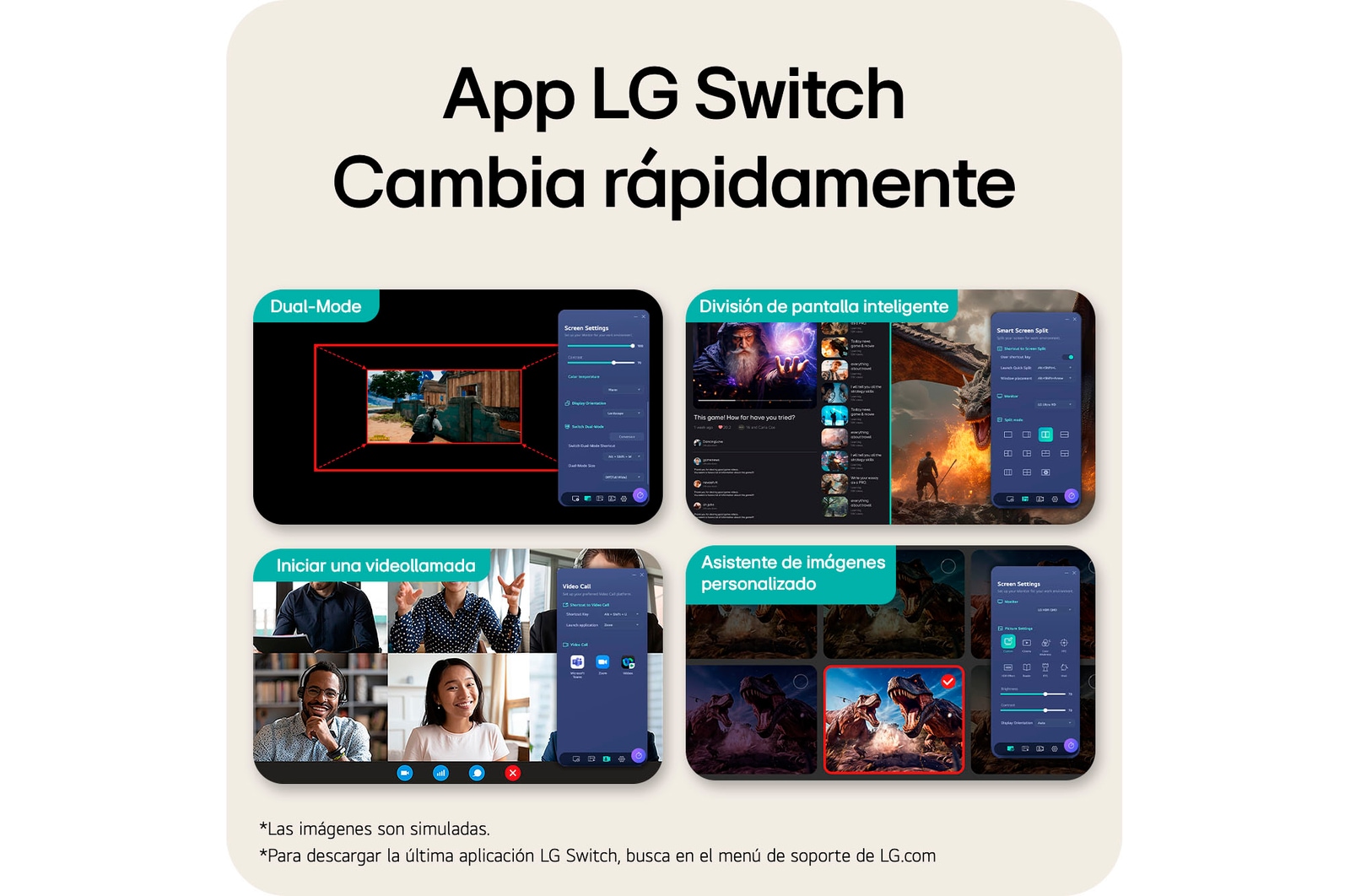 Esta imagen destaca la interfaz de la aplicación LG Switch, mostrando funciones como el modo Dual, la división inteligente de pantalla, el inicio de videollamadas y el Asistente de imagen personalizado, para un control más inteligente y una transición de pantalla fluida.