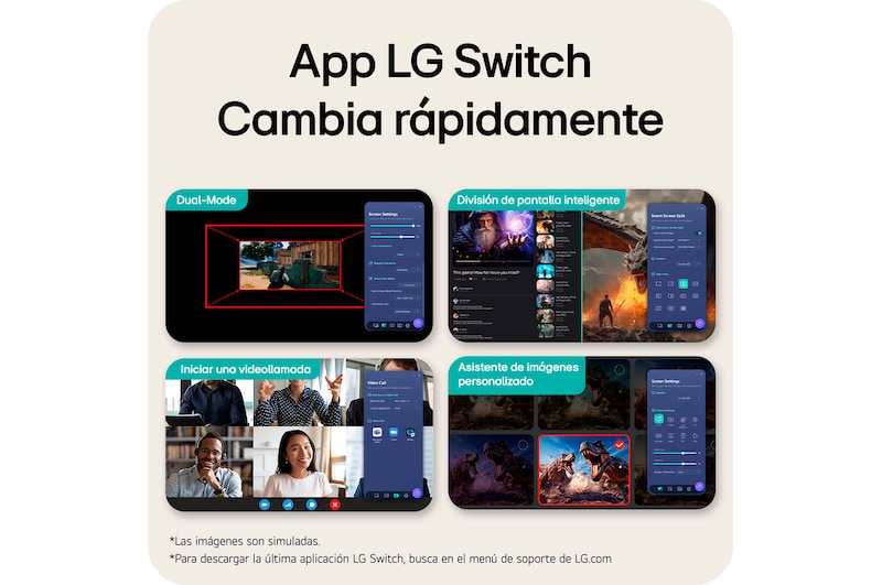 Esta imagen destaca la interfaz de la aplicación LG Switch, mostrando funciones como el modo Dual, la división inteligente de pantalla, el inicio de videollamadas y el Asistente de imagen personalizado, para un control más inteligente y una transición de pantalla fluida.