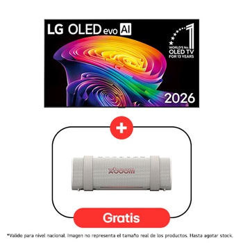 The front view of LG OLED evo AI C6, released in 2026, features a slim black bezel, with a vivid, sculpted swirl of layered rainbow tones flowing across the screen.