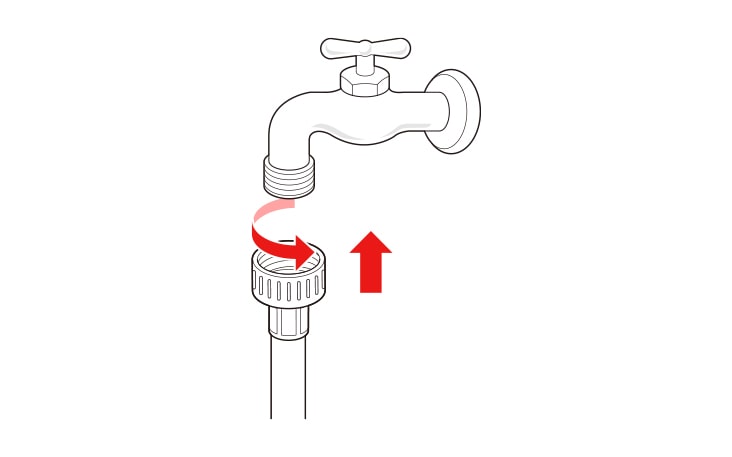 Conecta las mangueras de suministro de agua a las llaves de agua caliente y fría, de manera firme y con la mano, y luego ajusta dos o tres vueltas más con una pinza Conecta la manguera azul a la llave de agua fría y la roja a la llave de agua caliente