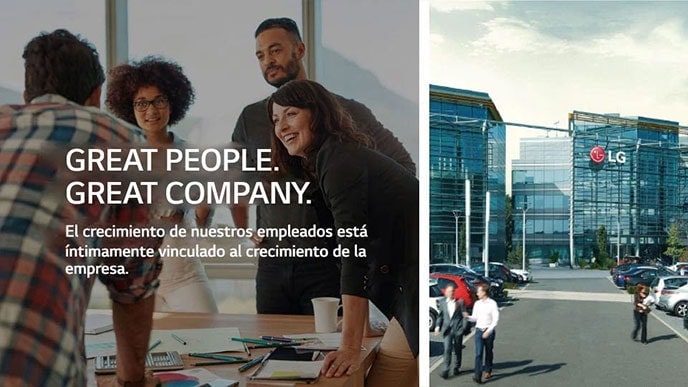 Cuatro personas se reunieron alrededor de una mesa a la izquierda, la oficina de LG Electronic en el Reino Unido a la derecha. El texto dice &quot;Great People. Great Company. El crecimiento de nuestros empleados está íntimamente ligado a cual de nuestra empresa&quot;.