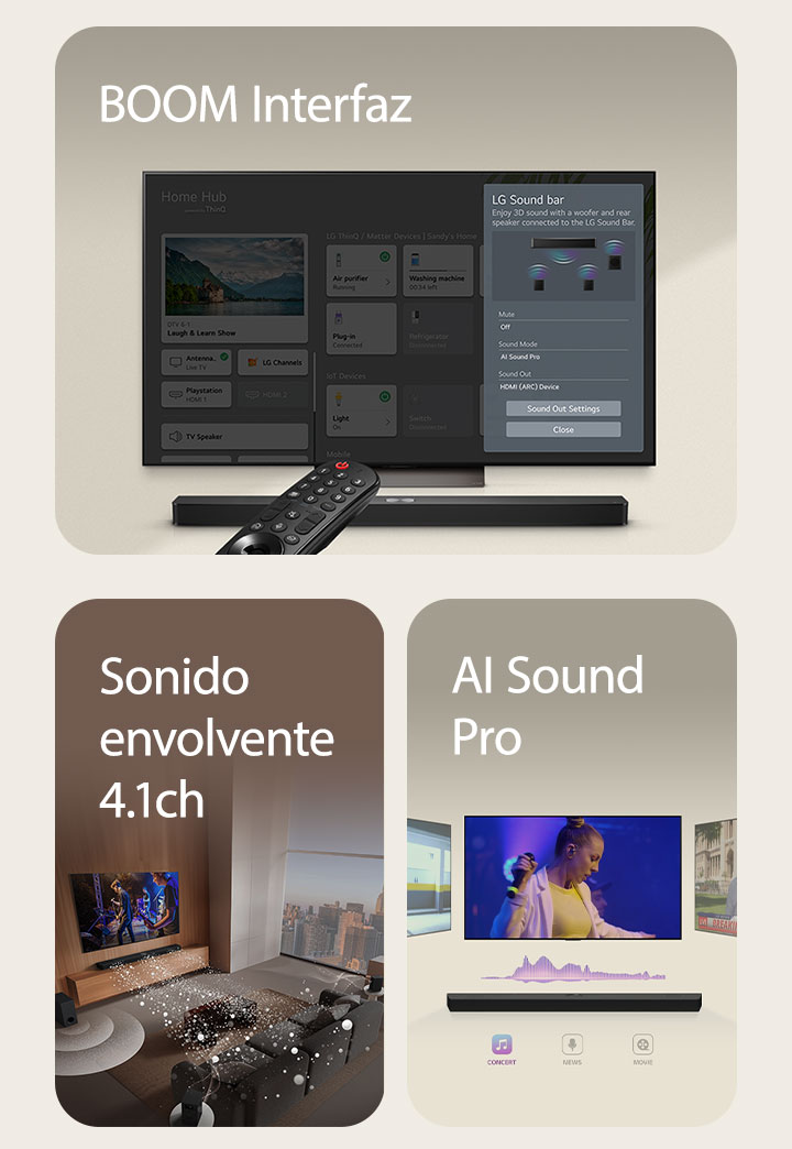 El control remoto de LG está apuntando hacia un televisor LG con la barra de sonido LG debajo. En la pantalla del televisor, se muestra el genial menú de la interfaz BOOM. En una sala de estar, se encuentran la barra de sonido LG, el televisor LG, los altavoces traseros y el subwoofer, todos mostrando una imagen en pantalla con una interpretación musical. Desde la barra de sonido, se proyectan tres ramas de ondas sonoras blancas formadas por gotas, mientras que el subwoofer crea un efecto de sonido desde abajo. Encima de la barra de sonido LG, se muestran tres pantallas de TV diferentes. Una muestra una película, otra muestra un concierto y la tercera muestra un noticiero. Debajo de la barra de sonido, hay tres íconos para mostrar cada género.